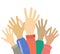Hands up voting, career symbol colorful vector illustration. Hands silhouettes cultural and ethnic diversity