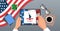 Hands using tablet with liberty statue on screen 4th of july american independence day celebration concept