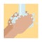 Hands washing. Washing hands with soap under flowing water. Hand drawn vector in simple flat style. Rubbing palms. Prevent