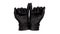 Hands wearing black leather gloves little fingers together, palms up. Female hand isolated, no skin. Hand casting a spell