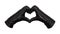 Hands wearing black leather gloves making a heart or love shape frame between thumb and index finger with fingers together.  Femal