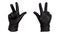 Hands wearing black leather gloves with thumb, index, and middle fingers raised, view from front and back.  Female hand isolated