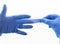 Hands wearing blue medical latex gloves Protection against flu, virus and coronavirus. Health care and surgical concept. Correct