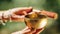 Hands of a Woman Playing Tibetan Singing Bowl in Nature