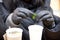 Hands of woman in sterile black gloves are minting mint for tea