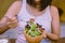 Hands woman using fork for eat breakfast salad healthy,Clean eating and dieting