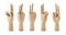 Hands of wooden mannequin making peace sign on white background. Different angles