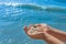 The hands of a young girl hold a pile of shells against the background of the blue sea on the beach close-up