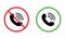 Handset Call Black Silhouette Icon Set. No Receive Incoming Call Mobile Phone Red Forbidden Round Sign. Accept Talk