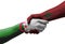 Handshake between Algeria and morocco flags painted on hands, illustration with clipping path