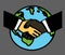 Handshake on the background of the planet. Hands of various people.