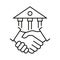 Handshake and bank building line icon. Financial agreement concept.