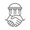 Handshake and bank building line icon. Financial agreement concept.