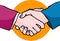 Handshake. Brush stroke business hand shake. Oval yellow background. Vector drawing illustration