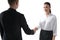 Handshake of businessman and businesswoman in formal clothes. Business people and corporate culture concept, deal transaction.