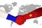 Handshake between China and Russia, nation flag on hand