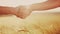 Handshake contract farmers. Agriculture business concept. Two farmers shaking hands in a yellow wheat field signing a