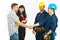 Handshake couple with constructor workers