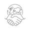 Handshake and Earth line icon. World partnership linear symbol.