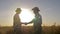 Handshake of farmer and worker in hat in agricultural field background sunset