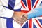 Handshake on Finland and UK flag background