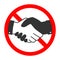 Handshake forbidden vector sign. No collaboration sign on white background. No dealing icon isolated