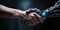 Handshake between futuristic cyborg robot and human hands. Future and communication concept. Robot and Man Shaking Hands close up