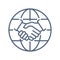 Handshake and globe line icon. International deal contract concept.