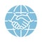 Handshake and globe silhouette icon. World partnership blue linear symbol.