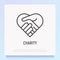 Handshake in heart thin line icon. Symbol of charity, togetherness, agreement and collaboration. Modern vector illustration
