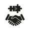 Handshake and Jigsaw Glyph Pictogram. Partnership, Relationship, Agreement Silhouette Icon. People Professional Match