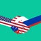 Handshake logo. Flags of USA and Russia. Economic cooperation. Partnership, frienship. Reconciliation and truce. Vector