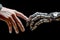 Handshake of a man with an android, robotic artificial intelligence of a cyborg. AI generated.