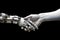 Handshake of a man with an android, robotic artificial intelligence of a cyborg. AI generated.
