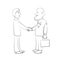 Handshake of old and young people. Vector black and white outlines sketch image.