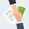 Handshake over contracts and money. Flat vector illustration