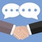 Handshake partners with speech bubbles on a blue background
