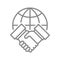 Handshake and planet line icon. International agreement, contract symbol