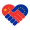 Handshake symbol in the colors of the national flags of China and EU, forming a heart. The concept of peace, friendship