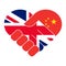 Handshake symbol in the colors of the national flags of China and UK, forming a heart. The concept of peace, friendship