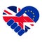 Handshake symbol in the colors of the national flags of UK and EU, forming a heart. The concept of peace, friendship
