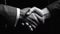 Handshake of two businessmen on a black background. black and white image. Close-up. Generative AI