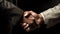 Handshake of two businessmen on a black background. Close-up. Generative AI.