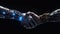 Handshake of two cyborgs, metal hand and anthropomorphic hand. Futuristic digital age, robot science, digital technology