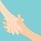 Handshake. Two hands arms reaching to each other. Happy couple. Mother and child. Helping hand. Close up body part. Baby care. Blu