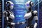 Handshake of two humanoid robots. The concept of future technologies. Generative AI illustration