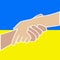 Handshake Ukraine and Russia on background of flag. No More War. Negotiations, agreements peace