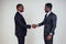 Handshake wiht African american bank manager and dark-skinned owner ceo business man in the studio on a white background
