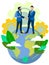 Handshake of world business partners on planet Earth. In minimalist style Cartoon flat Vector