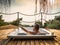 A handsome adult man lies in a hot tub at a luxurious exotic spa resort hotel balcony with sea and sunset view